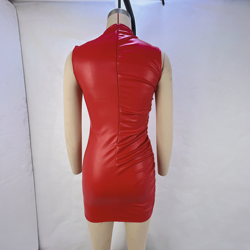 Robe en cuir Pu plissée rouge pour femmes, mini robes, tambour, club, rouge, élégant, sexy, mode, printemps, été, nouveau, 2024