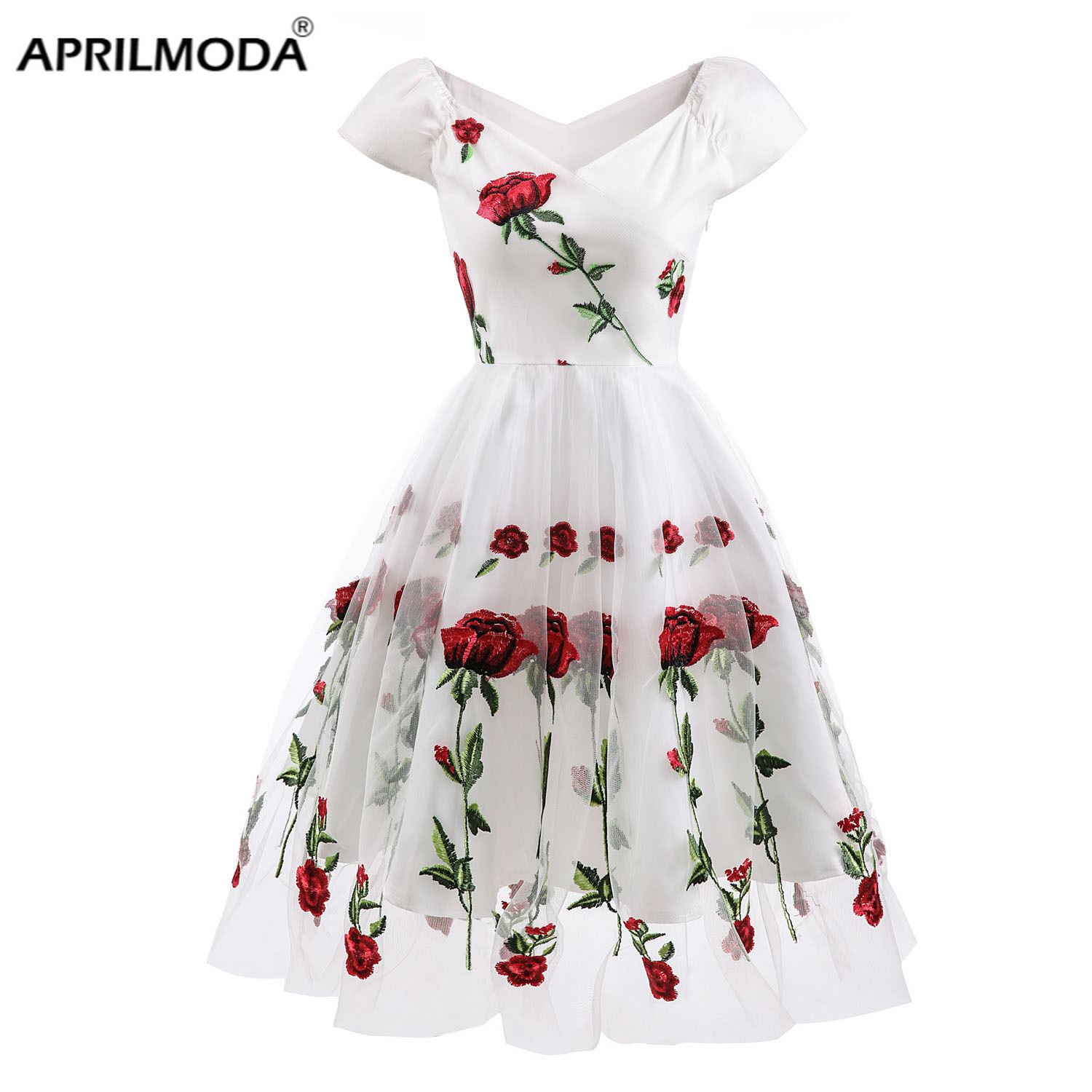 Robe de soirée brodée de fleurs roses pour femmes, col en V, élégante, maille plissée, imprimé Floral, tunique mi-longue blanche, Vintage, formelle, 2025
