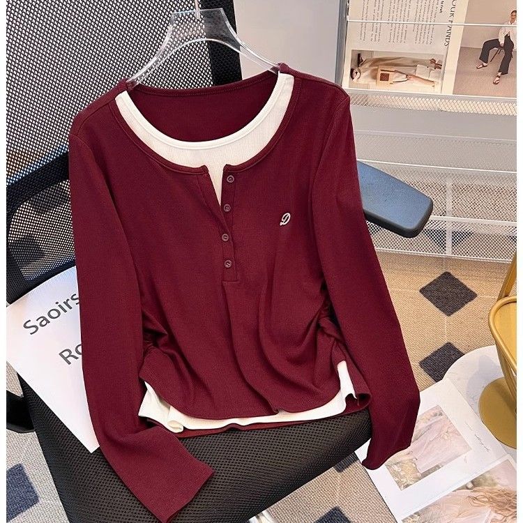 Vêtements pour femmes grande taille, printemps et automne, nouveau t-shirt à manches longues décontracté polyvalent à faux deux pièces contrastées, taille cintrée
