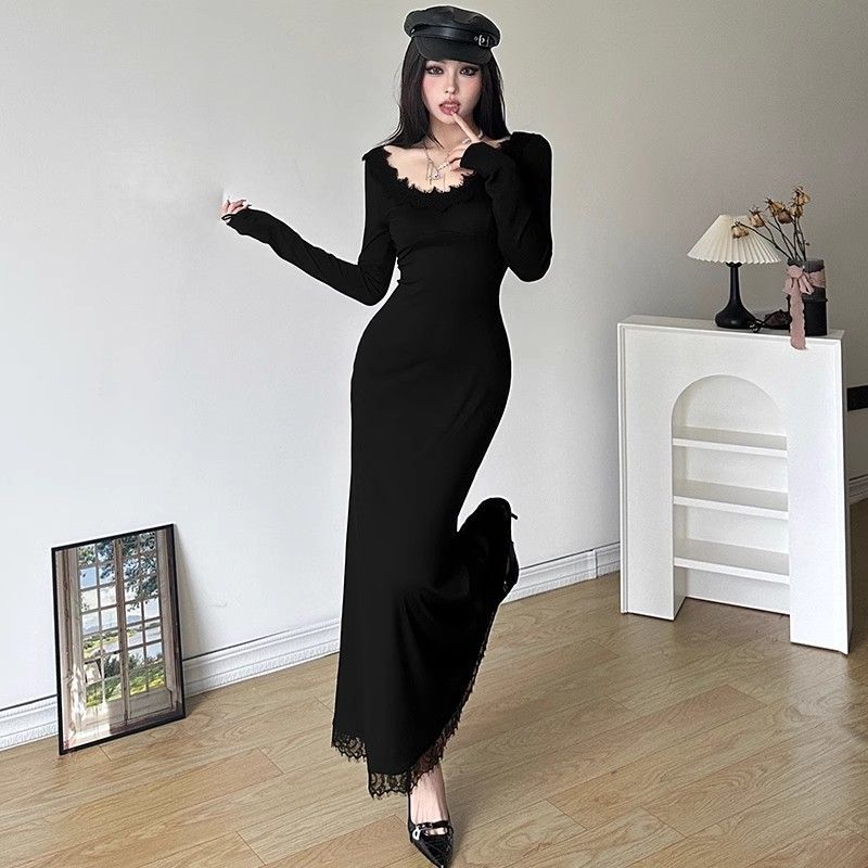 Robe en dentelle à manches longues pour femmes, vêtements esthétiques serrés, Kpop, Corset bon marché, décontracté, rétro, complet, Harajuku, robes moulantes pour femmes