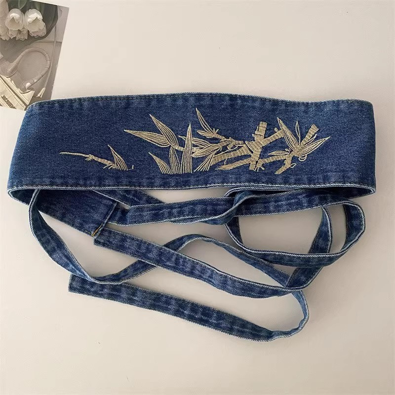 Corset en Denim Bleu Brodé pour Femme, Manteau Cummerbund, Robe Ceinture, Vintage, Mode