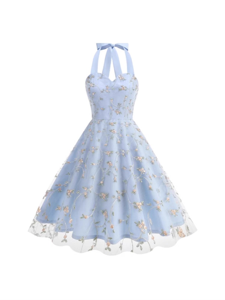 Robe mi-longue en maille brodée à imprimé Floral, mode d'été élégante, col licou, robes de soirée d'anniversaire à lacets
