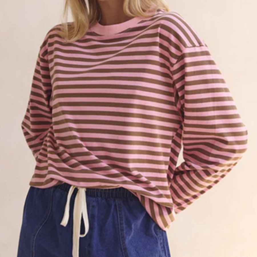 T-shirt décontracté à manches longues pour femmes, haut rayé rose et marron, hauts de sortie élégants, légers et confortables pour l'automne