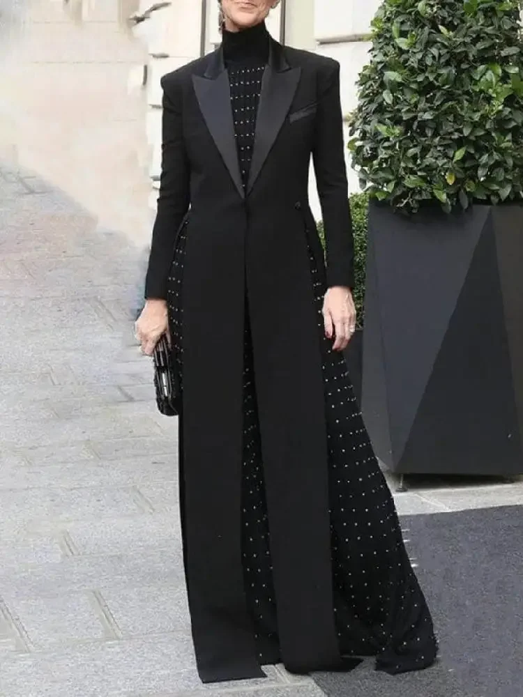 Blazer Élégant Femme Bonboho 2026 – Manteau Long Noir Uni à Manches Longues et Fente Latérale – Vêtement d'extérieur Formel pour Femme