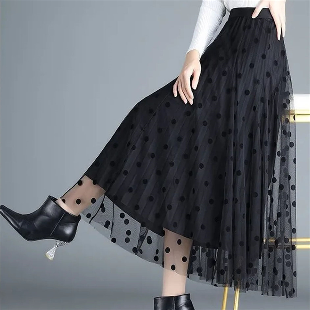 Jupe longue en maille floquée pour femme, style coréen, jupe midi en tulle à fleurs, taille haute, vintage, noire, à pois, pour l'été et l'automne