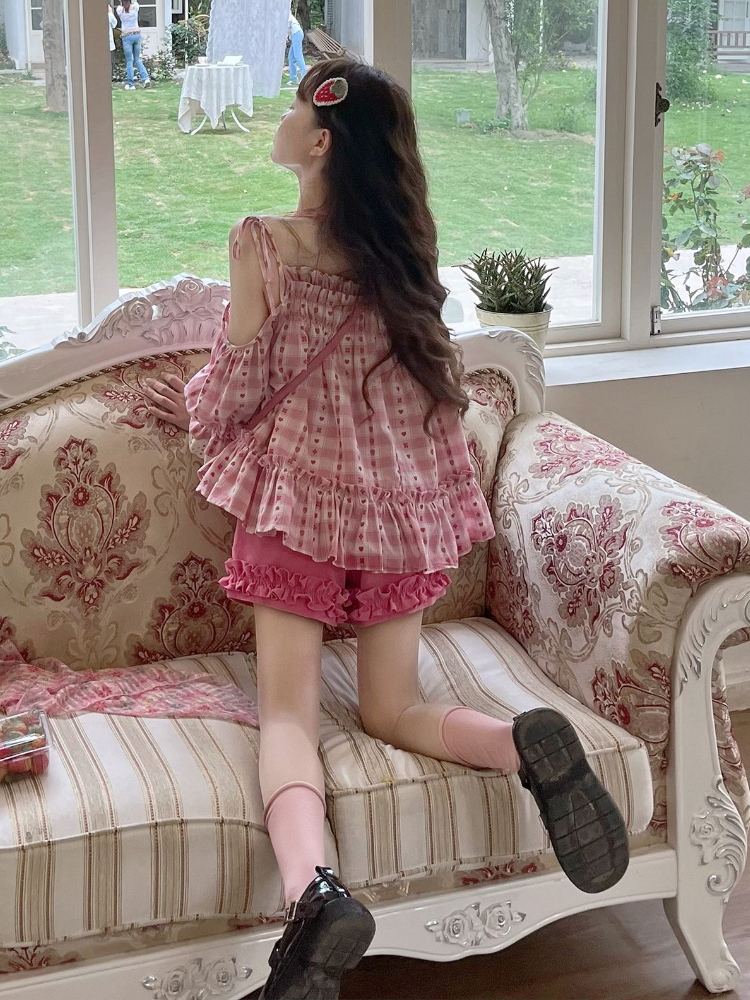 Ensemble deux pièces à carreaux Kawaii pour femmes, short décontracté en Y à volants, vêtements d'été doux, ensembles coréens Sutit, mode d'été Y2k
