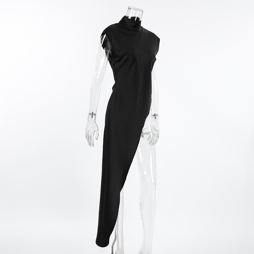 BKLD été Satin ample col roulé sans manches robe noire mode asymétrique tenue décontractée fête Clubwear vêtements pour les femmes