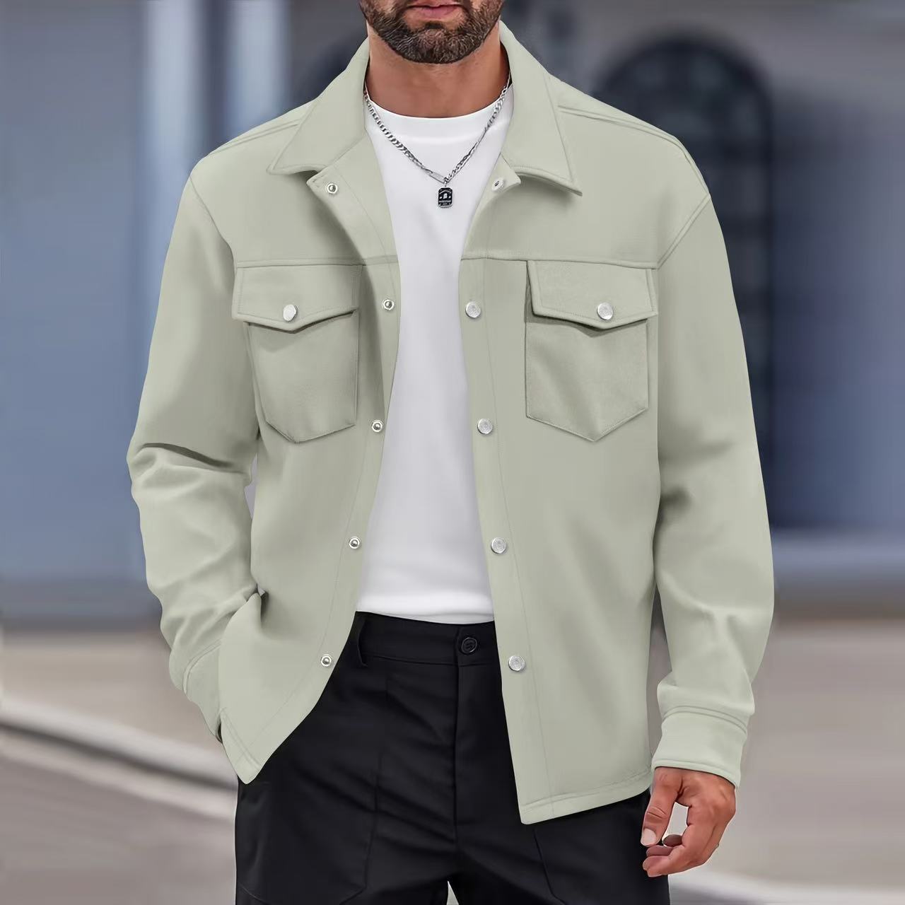 Veste chemise décontractée pour homme à col à revers, poches poitrine, manches longues, coupe ample, style streetwear