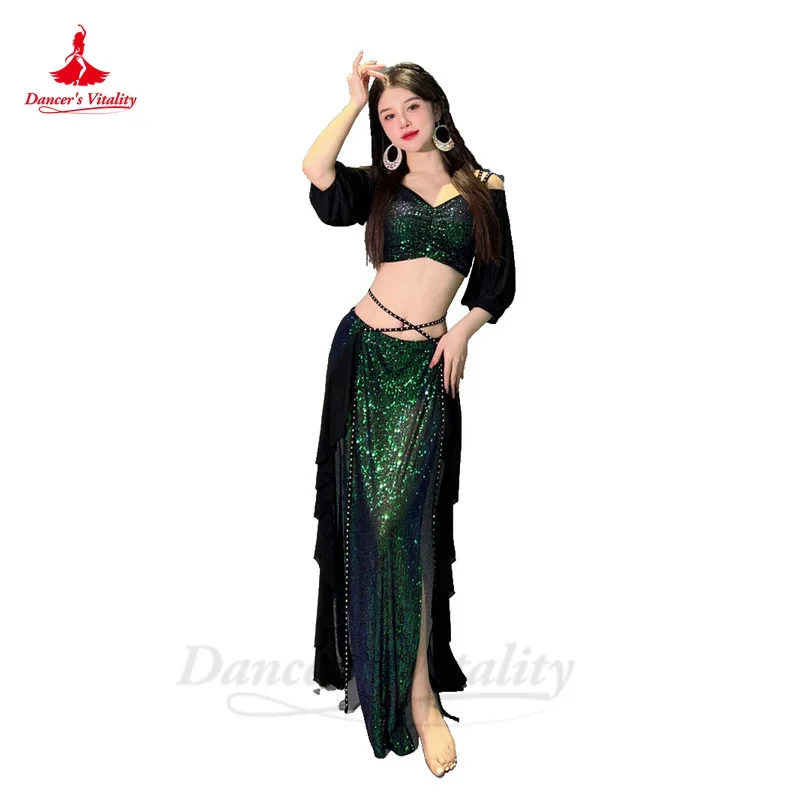 Ensemble de costumes de danse du ventre pour femmes, haut à manches courtes + jupe longue fendue, ensemble professionnel Oriental, tenue de danse du ventre, 2 pièces