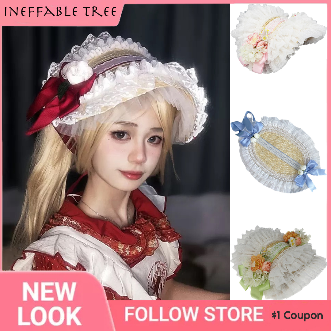 Chapeau plat Lolita en paille tressée élégante avec nœud floral, style pastoral, pour mariage, thé, fête, avec dentelle, style français éclatant, bonnet d'été, Gorra
