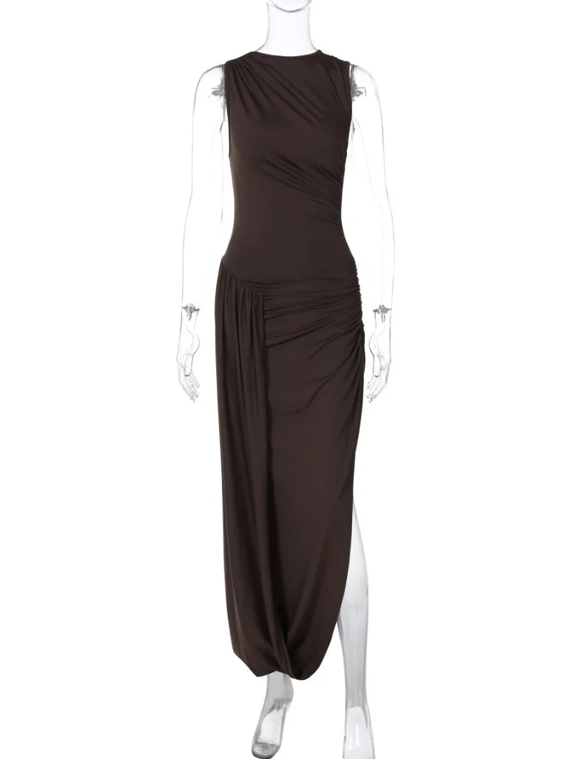 Robe longue froncée à col rond pour femme, vêtement sans manches, fente haute, Streetwear Y2K, taille haute, couleur unie, robes de soirée de vacances