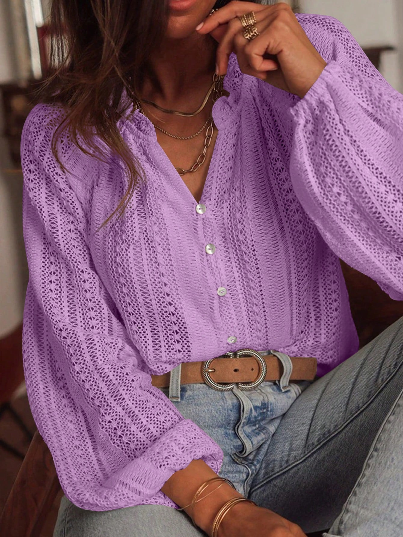Chemise ample à manches longues pour femmes, mode assortie avec tout, dentelle creuse, col en v, chemisiers à rupture unique, printemps et automne 2025