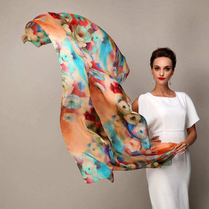 Écharpe longue en soie pour femme, châle en soie de mûrier, bleu et café, offre spéciale, 2016x180 cm, collection hiver 110