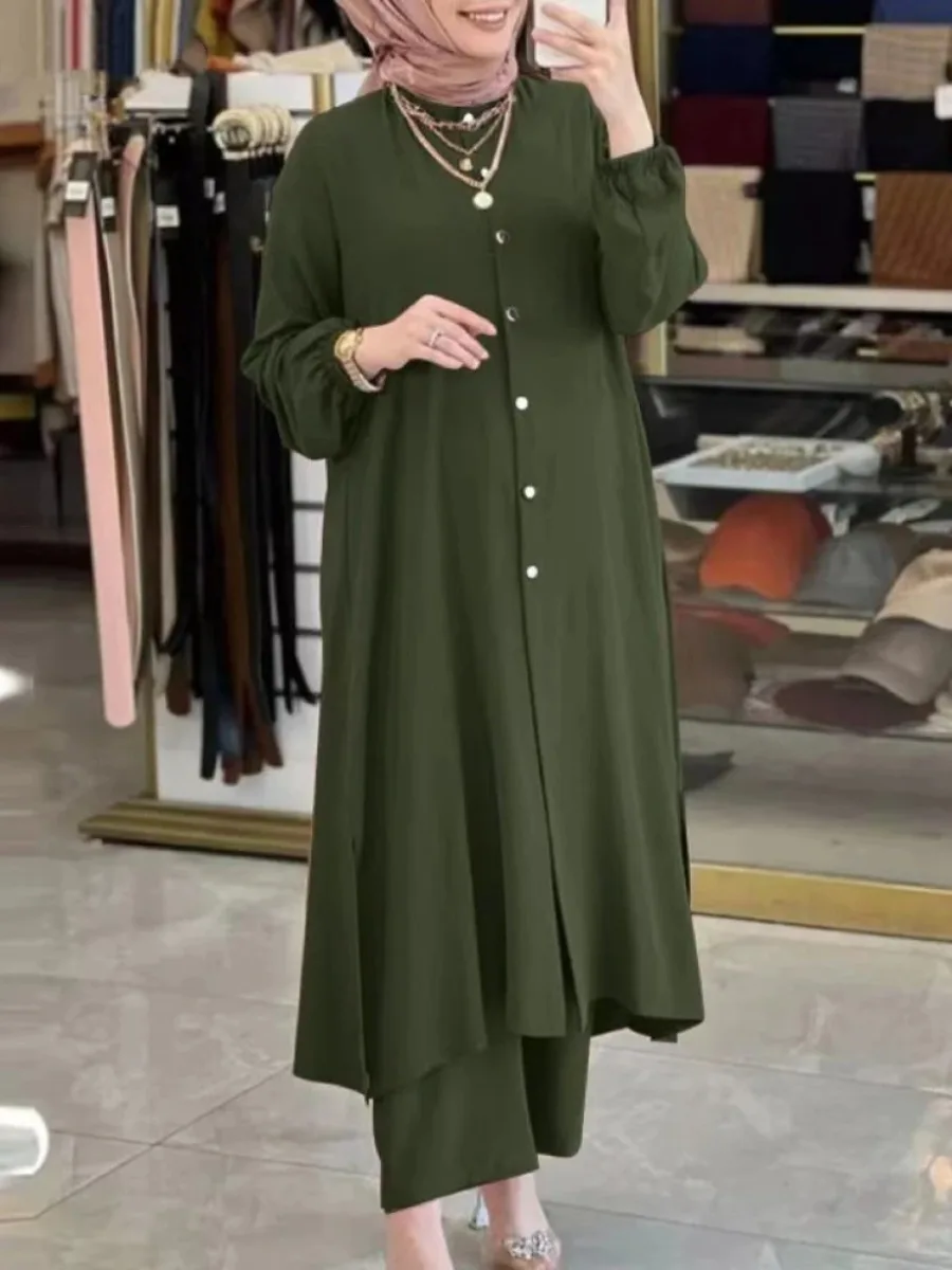 Femmes Eid ensembles musulmans Musulman Ensemble deux pièces dubaï Blouses pantalons à jambes larges ample décontracté arabe Ramadan solide caftan 2026