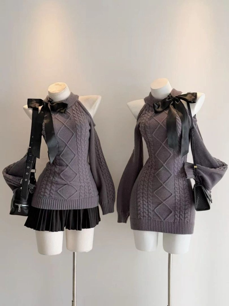 Kawaii – robe pull à épaules dénudées pour femme, coupe cintrée, chaude, en tricot, mode coréenne, avec nœud, manches longues, élégante, tendance, nouvelle collection hiver