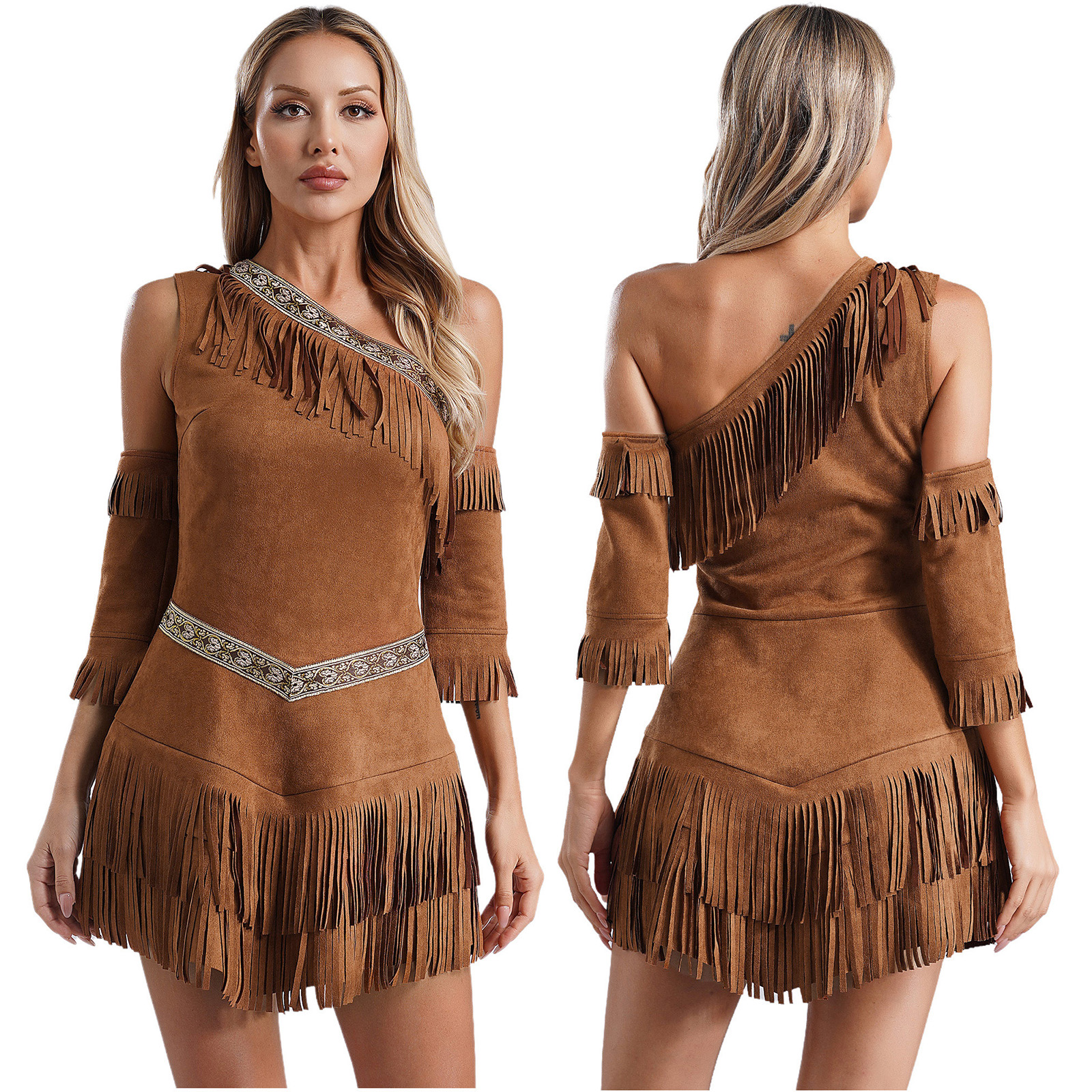 Costume de princesse indienne pour femmes, tenue amérindienne, robe en daim à franges avec manches, déguisement de fête fantaisie pour Halloween