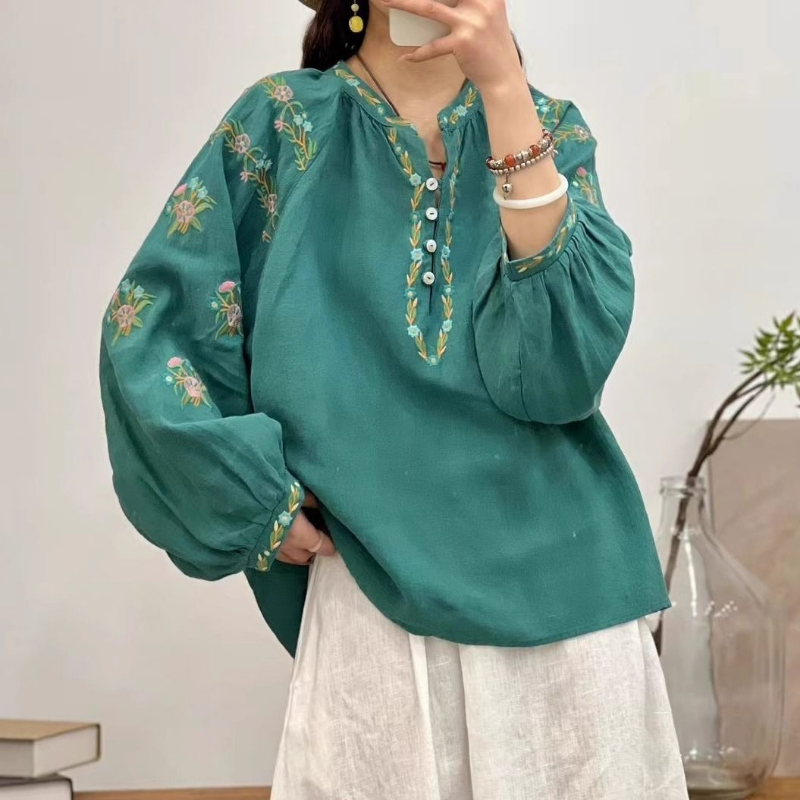 Chemisier brodé à manches longues et col demi-ouvert pour femme, vêtements coréens assortis avec tout, nouvelle mode printemps automne