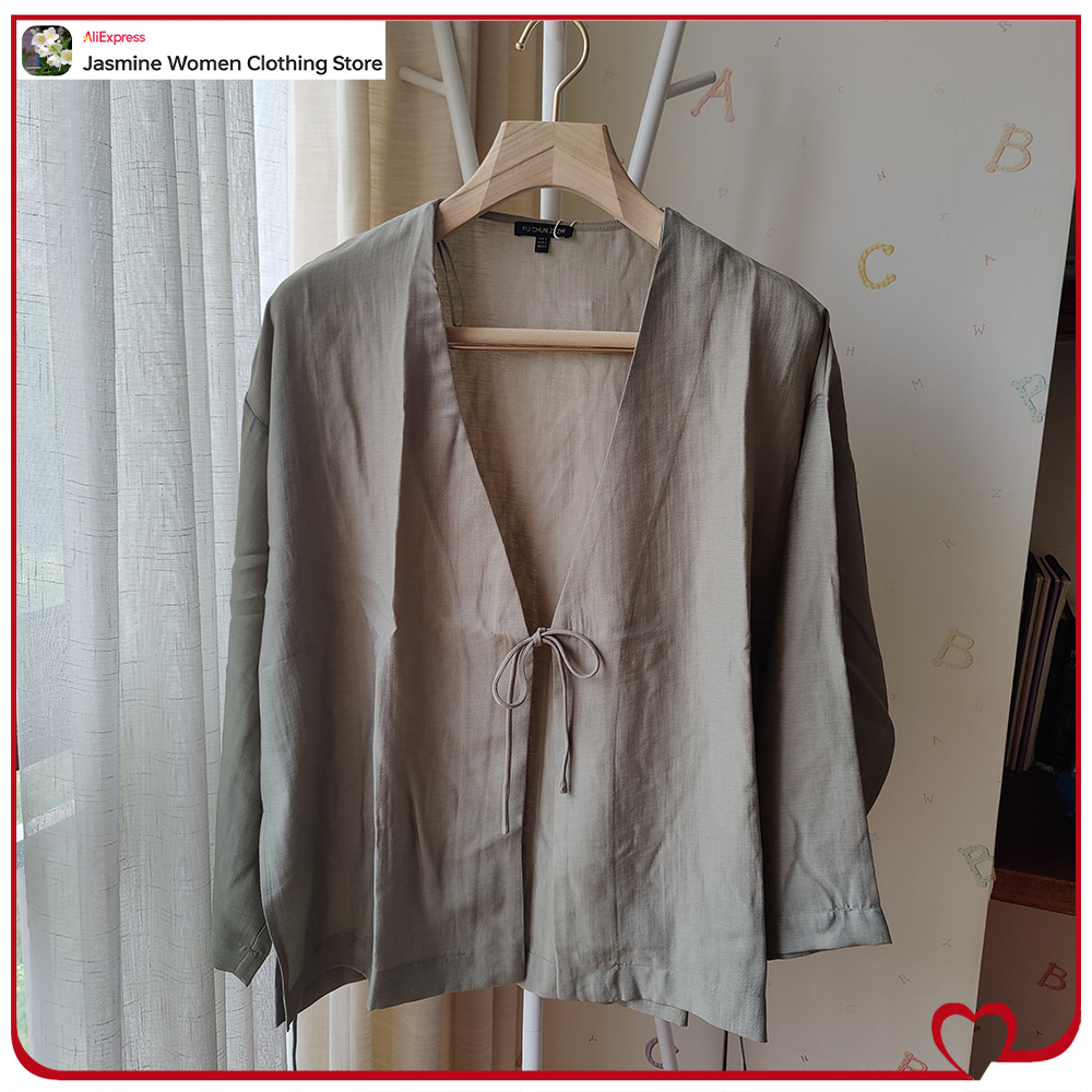 Chemisier Olive confortable avec attaches, manches longues tombantes, Kimono pour femmes, col en v, Cardigan portefeuille, hauts froissés avec fentes latérales, 2 styles