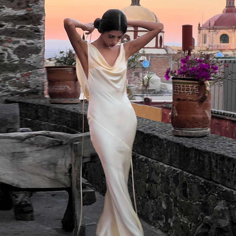 Robe de cocktail longue dos nu pour femme, robe de soirée élégante pour femme, vintage, mince, taille haute