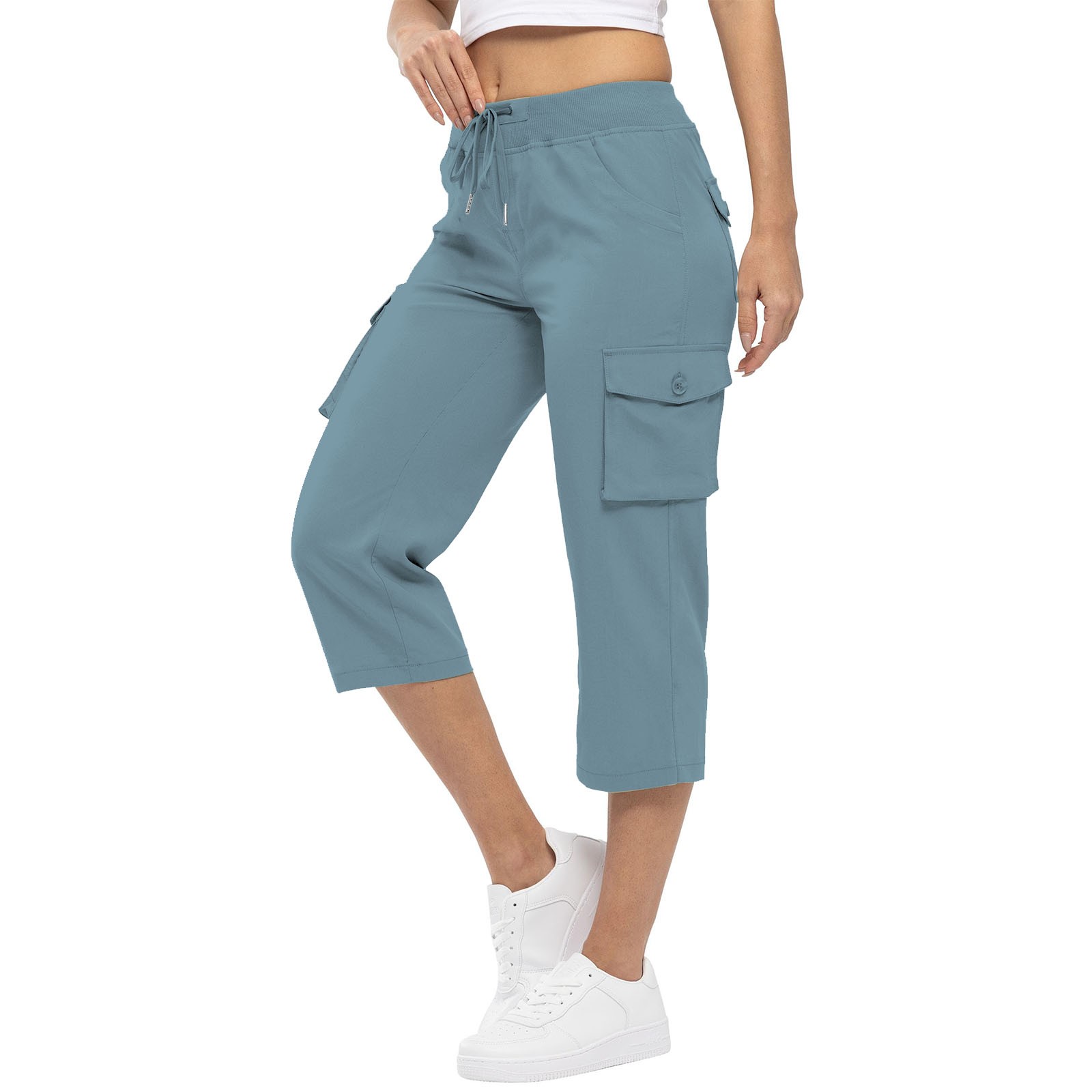 Pantalon skinny taille haute pour femme, pantalon au genou, design de poche, Wstring de proximité à revers, décontracté, uni, mode estivale, 2024