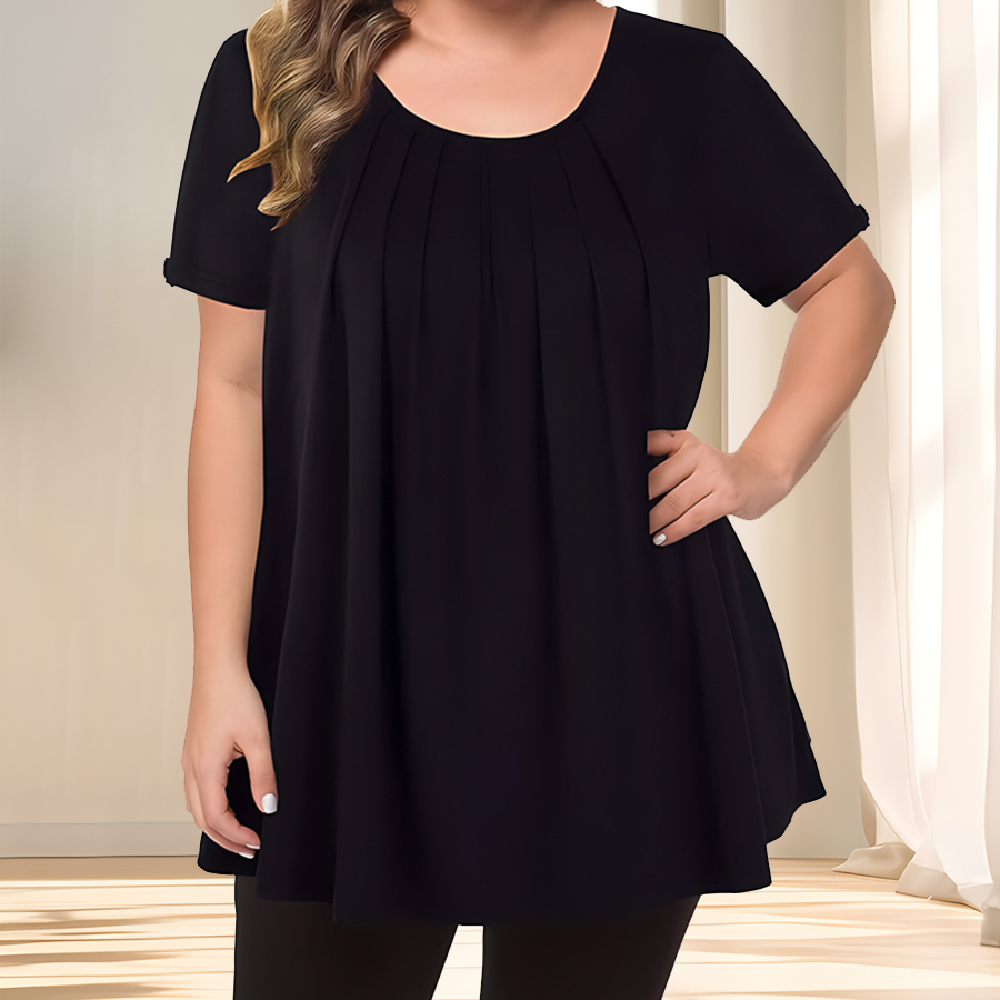 [Chemisier élégant grande taille] chemisier décontracté à manches courtes et col rond pour femme en polyester léger, grande taille |   Couleur unie, subtil S
