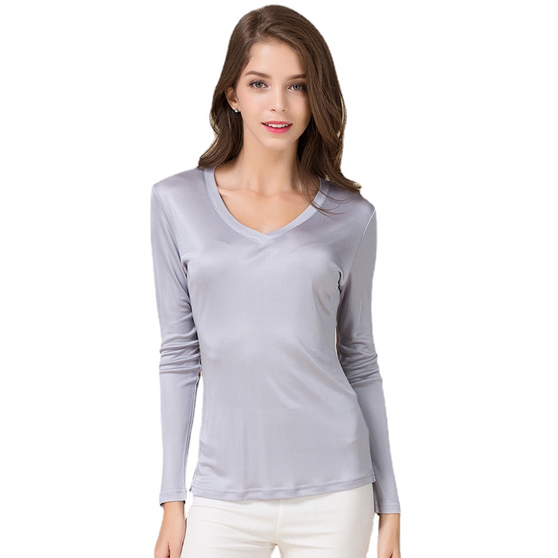 Femmes véritable soie à manches longues T-shirt décontracté tricoté chemises confortable respirant lâche T-shirts hauts T-shirts 61057