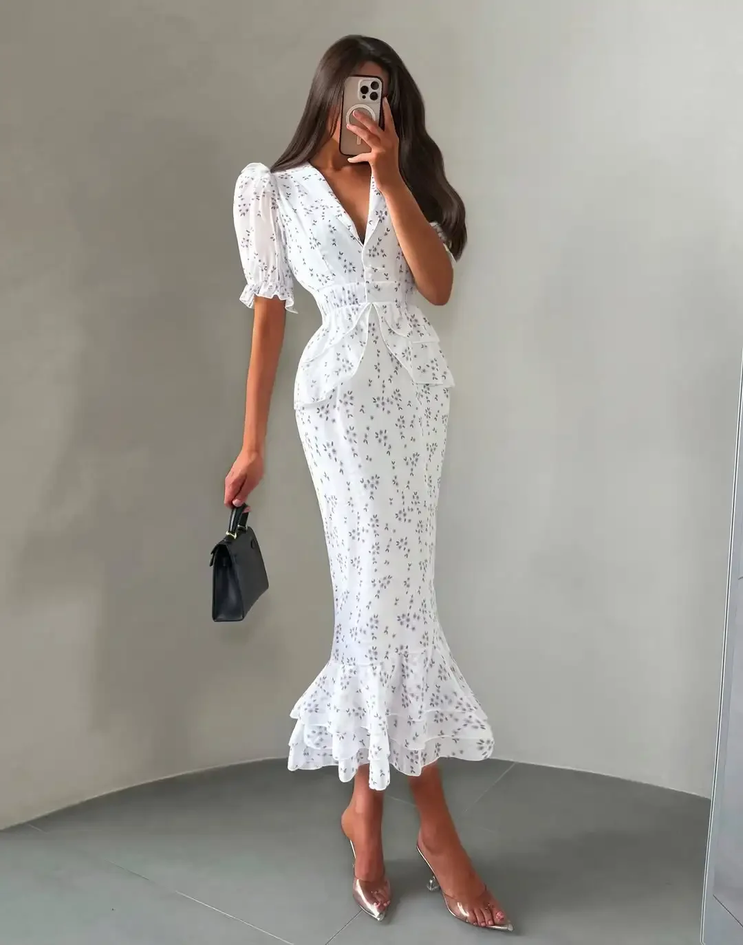 Nouvelle Robe Plissée Imprimée à Col en V et Taille Cintrée, Manches Courtes à Revers, Taille Haute, Longueur Midi, Élégante pour Femme, Collection Été