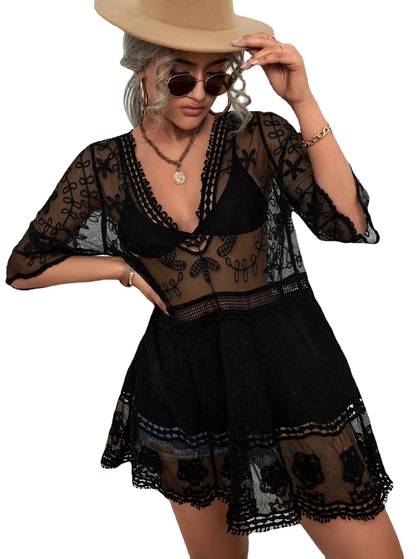 Maillot de bain en dentelle contrastée pour femmes, Cover-Up pour Bikini, tunique ajourée, robe de plage, Crochet, vêtements de plage, Protection solaire