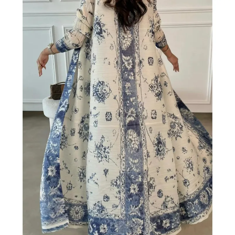 Abaya-Robe longue plissée pour femmes saoudiennes, robe de vacances, veste, péplum, blanc, imprimé haut de gamme, tempérament, décontracté, élégant, mode