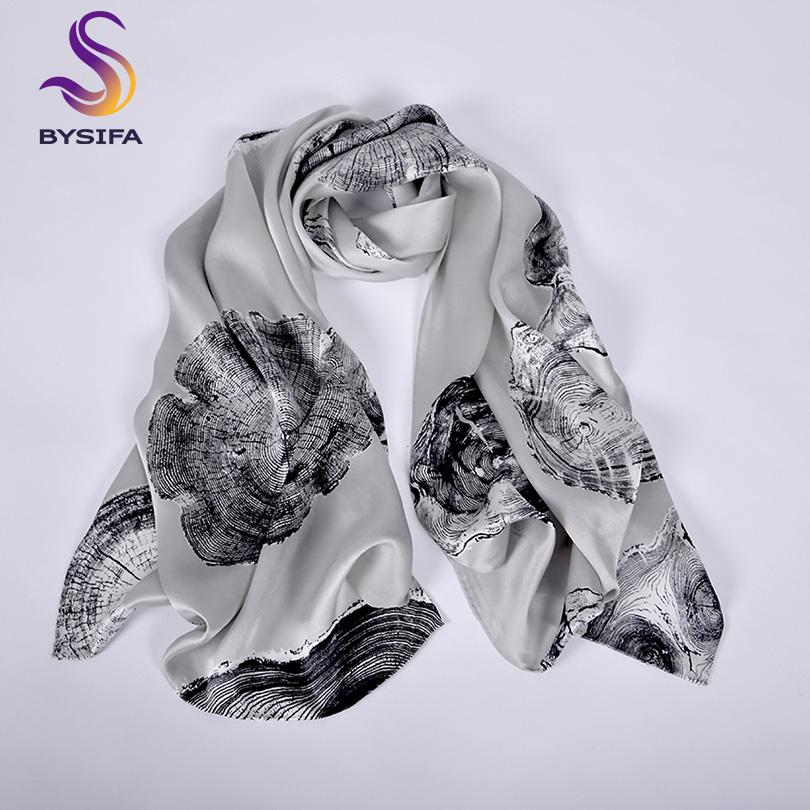 BYSIFA – écharpe en soie bleue et blanche pour femme, châle Long, Design pivoine, écharpe de marque, 100% soie, 175x52cm, printemps