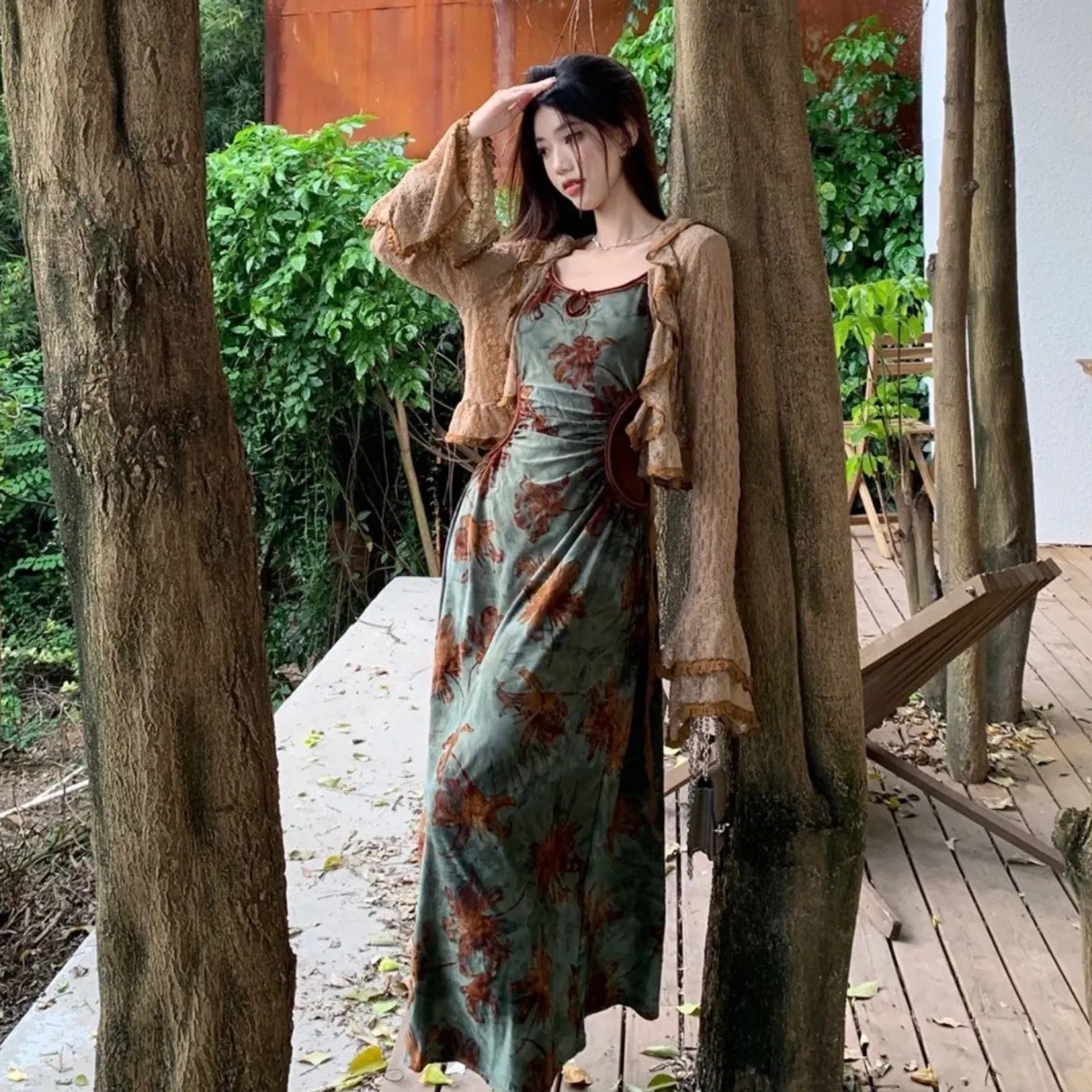 Ensemble deux pièces patchwork floral vintage pour femmes, robe maxi à volants, cardigan court, tenue à lacets, Vein Chic, doux