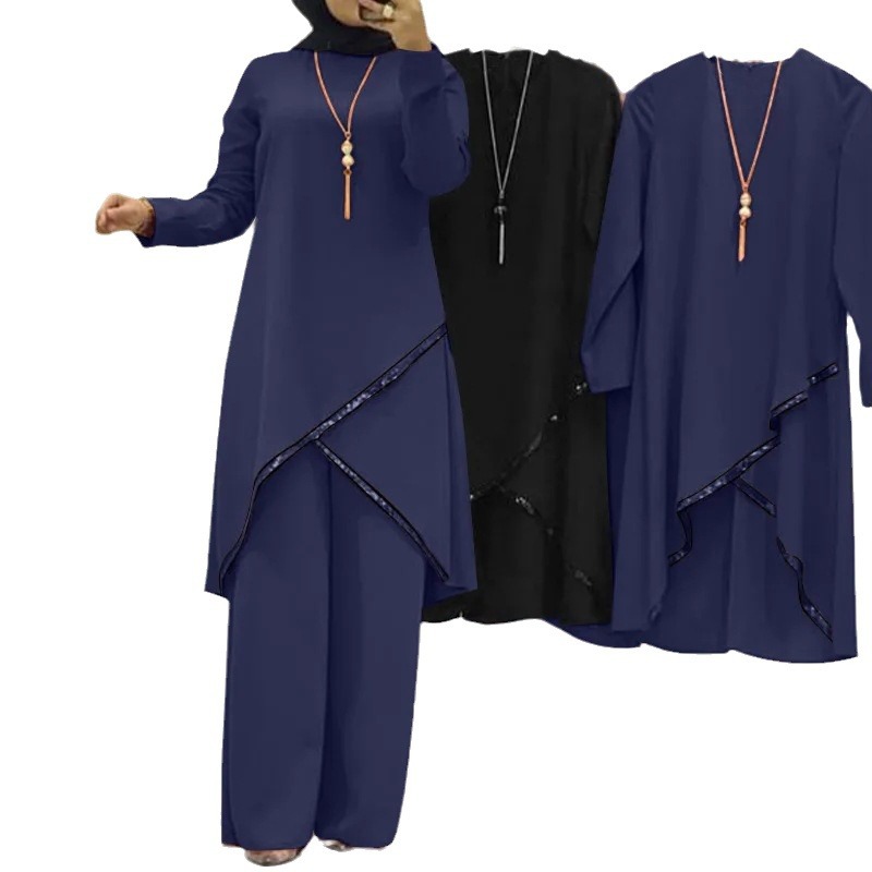 Ensemble musulman Eid pour femmes, chemisiers solides, pantalons à jambes larges, Ramadan marocain, deux pièces, Kaftan de dubaï, ample et modeste