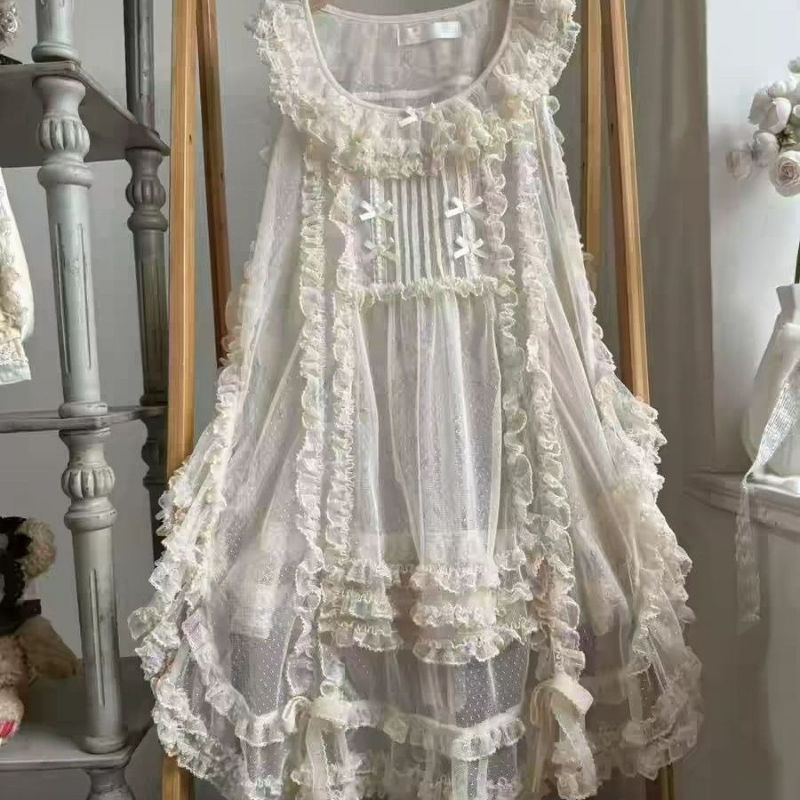 Robe de style japonais pour femmes, style Kawaii, avec nœud, col carré, en maille, à volants, robe cache-cœur, pour filles, style Y2K, mignonne, sans manches, Lolita, Smock
