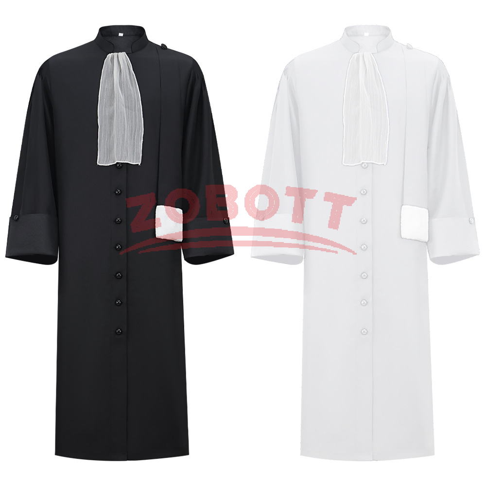 Costume de robe de magistrat médiévale avec col jabot plissé, robe de prêtre vintage, robe de chœur, tenue de cosplay d'Halloween en stock
