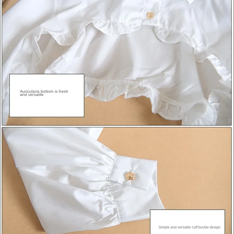 T-shirt manches longues bouffantes pour femmes, haut court, chemisier, bouton à volants, col étalé détachable, pull, accessoires décoratifs