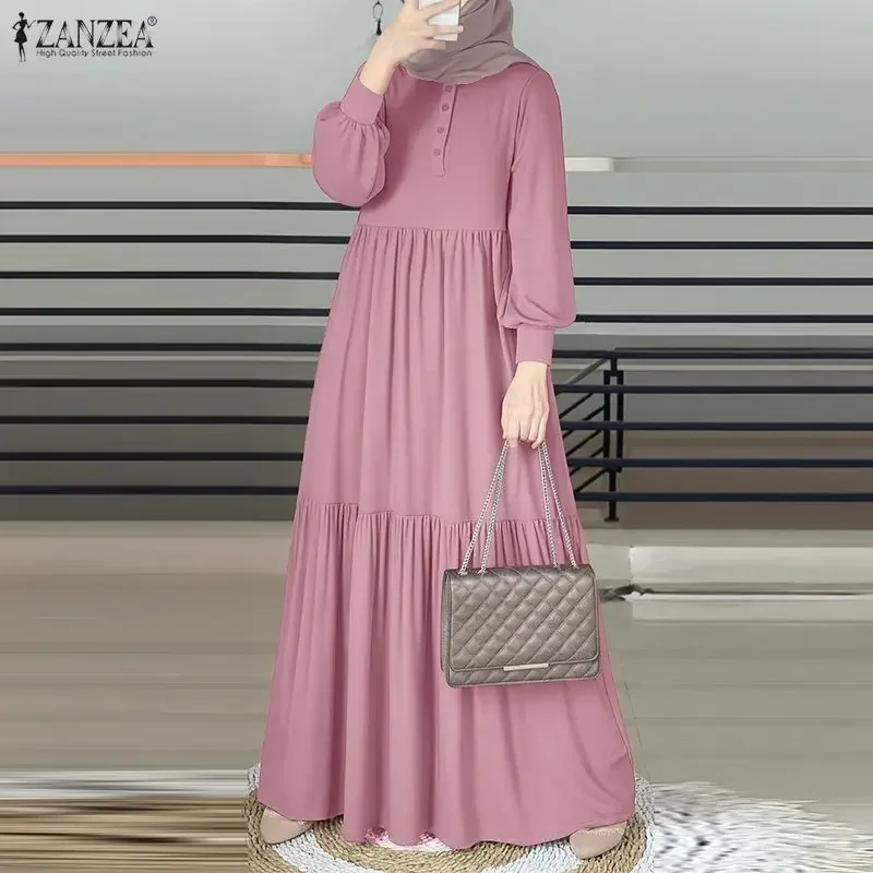 ZANZEA Élégante Abaya Musulmane Hijab Robe Longue Femme Manches Longues Robe de Ramadan Robe de Printemps Unie Ample Maxi Vestido Kaftan 2026