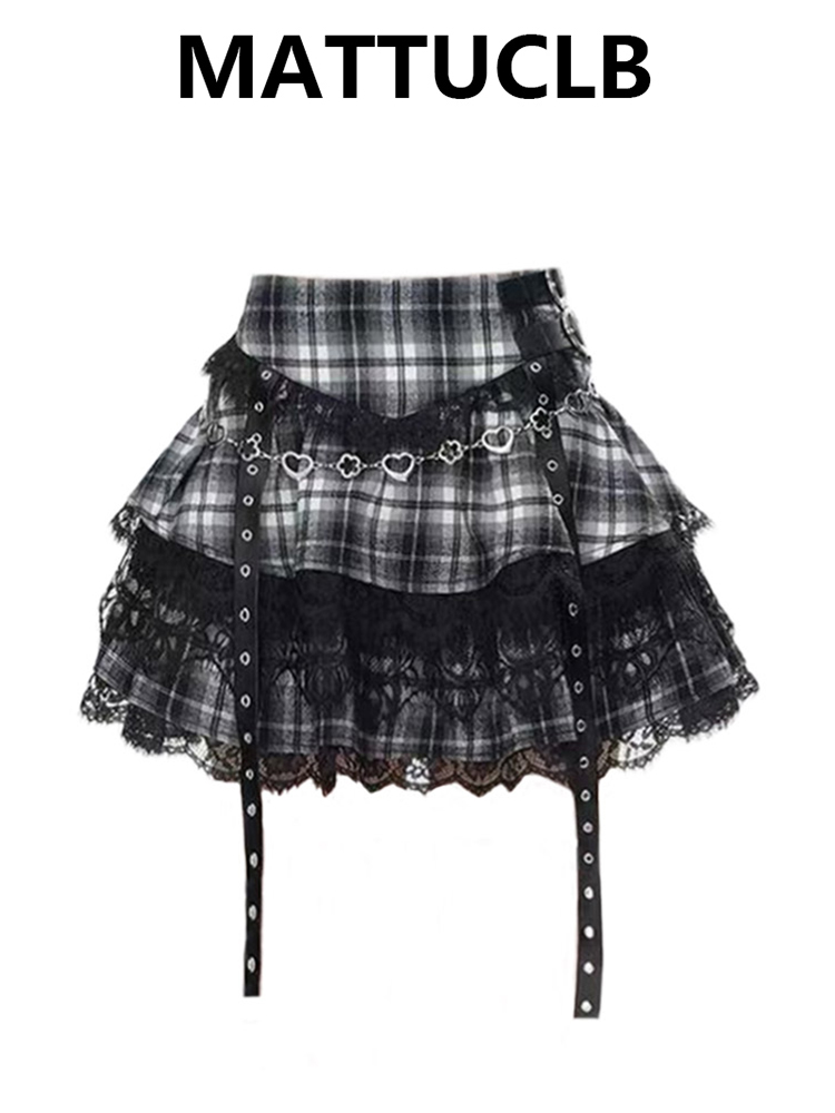 Mini jupe d'été en dentelle pour femmes, académique foncé Y2k Preppy Kpop, taille haute, Plaid JK, fête, coréen, Harajuku, japonais, Grunge, Cyber Punk