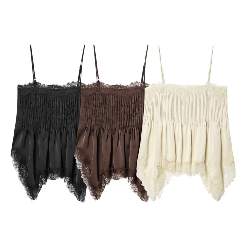 Haut plissé pour femme Nouvelle collection Printemps-Été 2026 Sexy Dos Nu Bretelles Fines Camisole Élégante Chic