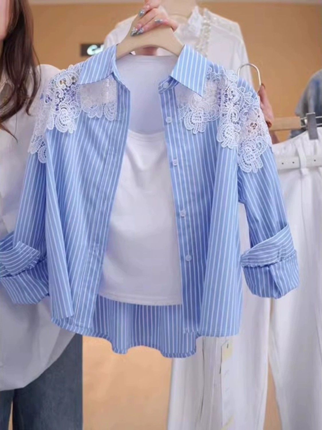 Chemise rayée à col Polo pour femmes, avec crochet en dentelle, nouvelle veste ample, printemps