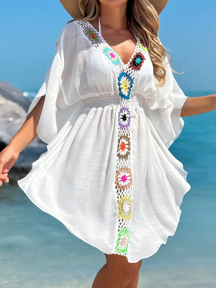 Crochet col en V blanc robe de plage robe de plage cache-maillot maillot de bain été maillot de bain femme été tunique Saida Praia maillots de bain