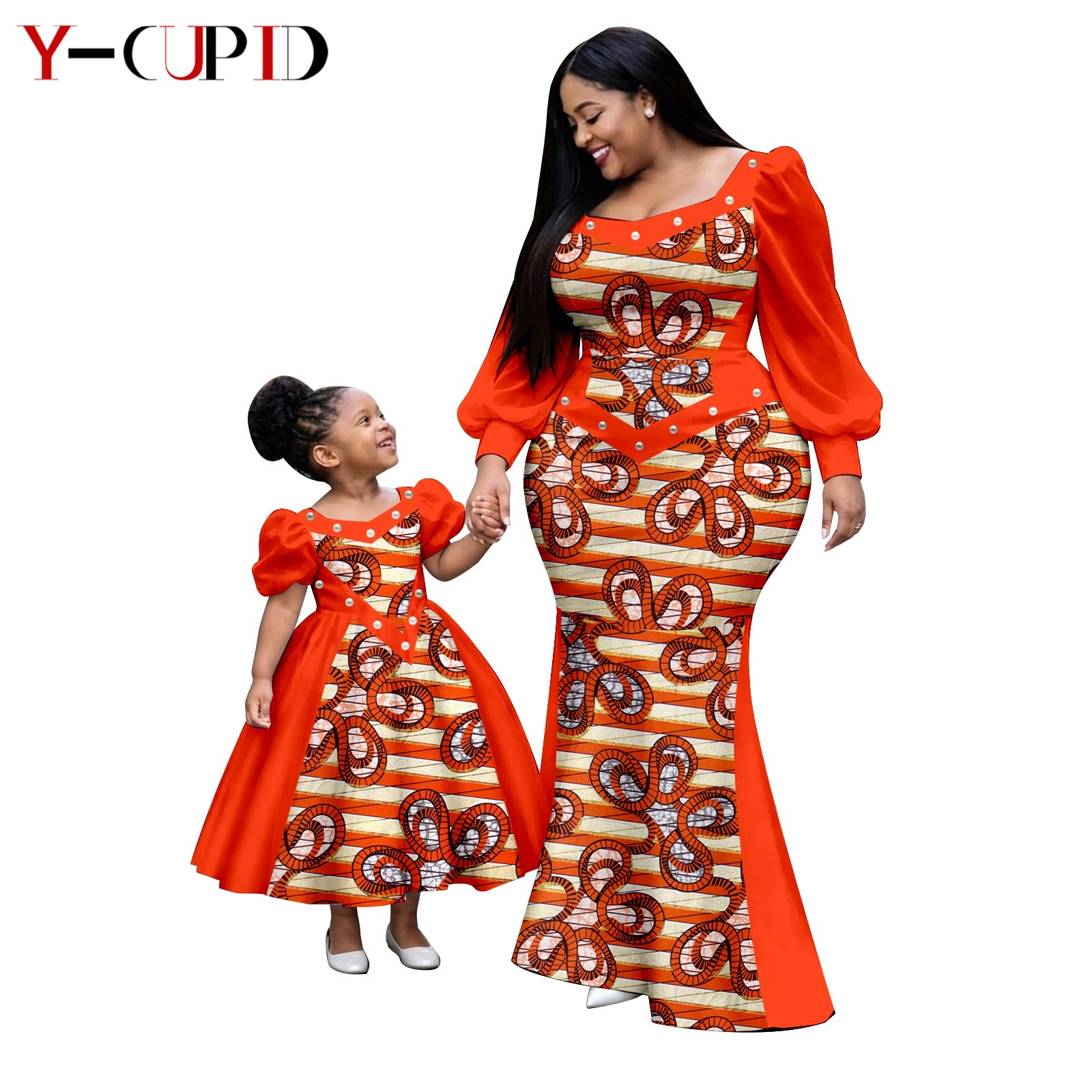 Robes tutu à manches à volants imprimées africaines pour femmes et filles, tenues Dashiki mère-fille, vêtements de famille 26F011