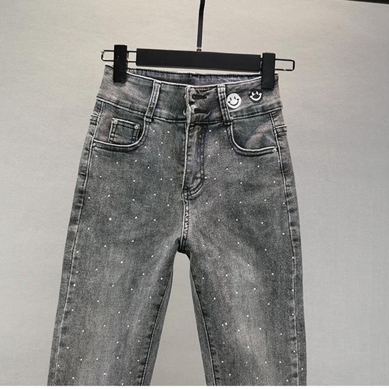 Jean femme 2025 été nouveau élastique mince industrie lourde diamant chaud petit pied crayon pantalon femme pantalon Denim décontracté