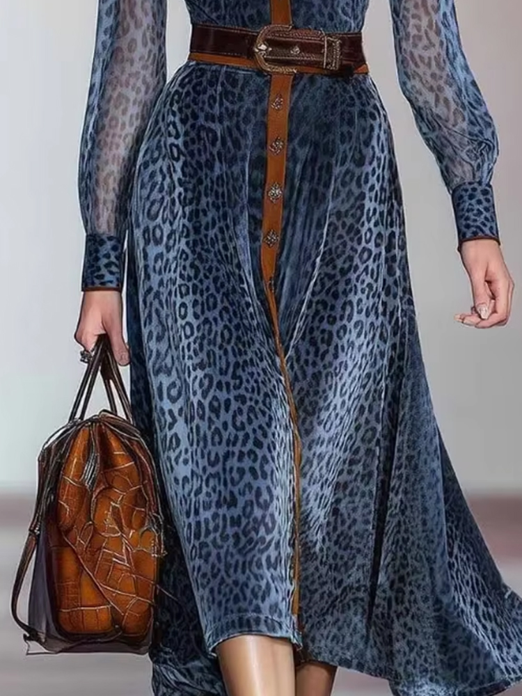 Robe élégante en maille imprimé léopard pour femmes, col à revers, simple boutonnage, Vintage, Chic, manches longues