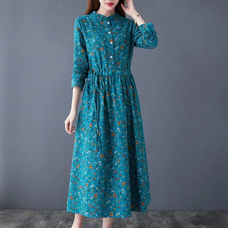 Robe en coton et lin pour femme, nouvelle collection printemps-automne 2026, taille ajustée, élégante, à fleurs, manches longues, vêtements pour femmes