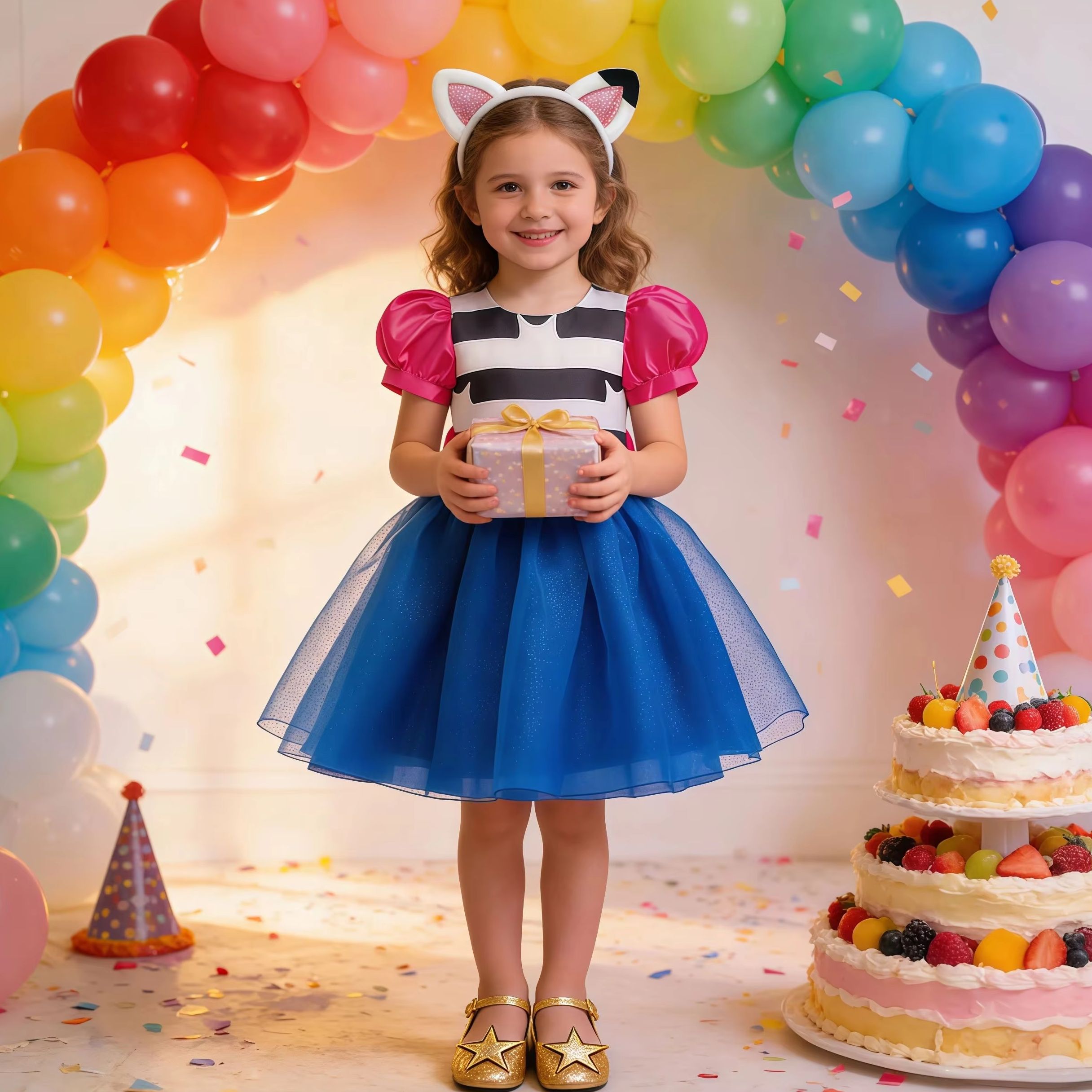 Robe de princesse pour enfants filles, tenue de cosplay avec motif de chats de dessin animé, manches bouffantes, nœud en tulle, pour carnaval, Halloween, fête d'anniversaire