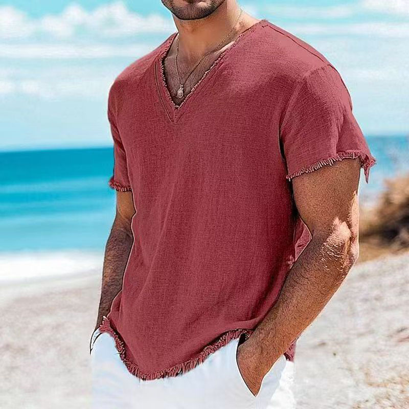 Mode d'été hommes coton lin chemises Vintage solide décontracté ample gland hauts col en v T-shirts à manches courtes T-shirts chemises pour homme
