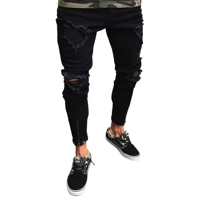 Jeans pour hommes nouveau pantalon tendance noir déchiré avec fermeture éclair extensible pour hommes