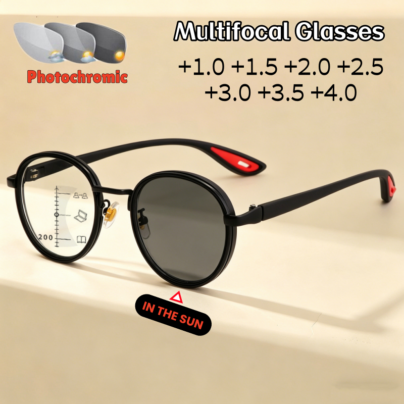 Lunettes de lecture progressives multifocales photochromiques anti-lumière bleue à monture ronde en métal, unisexe, double usage pour la vue de près et de loin