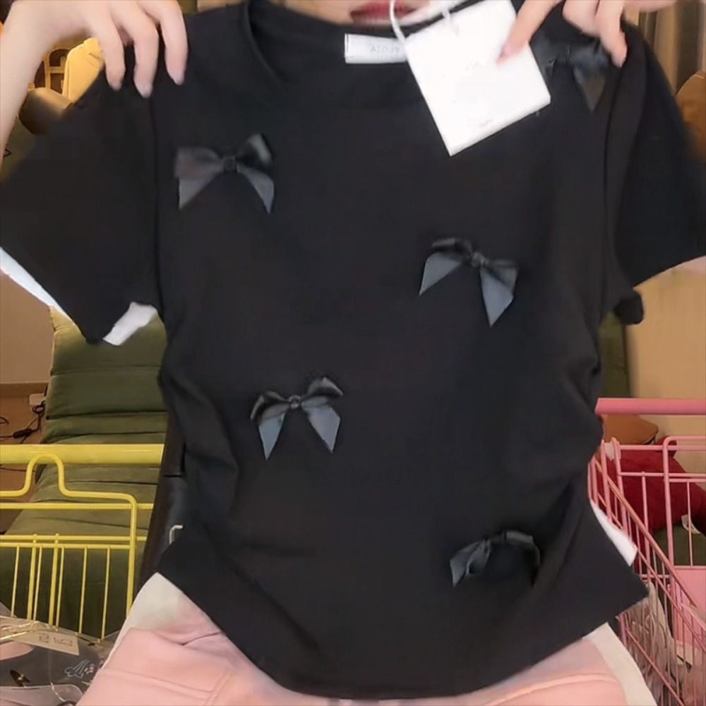 T-shirt à Manches Courtes et Col Rond pour Femme et Fille, Vêtement Élégant, de Style Japonais, Solide, avec Ruban, Crop Précieux