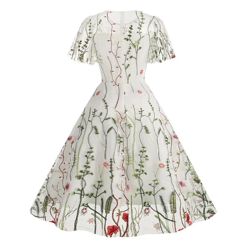 Soirée élégante robe rétro de luxe 2025 femmes été col rond maille florale brodée années 60 70 Vintage robes mi-longues robes
